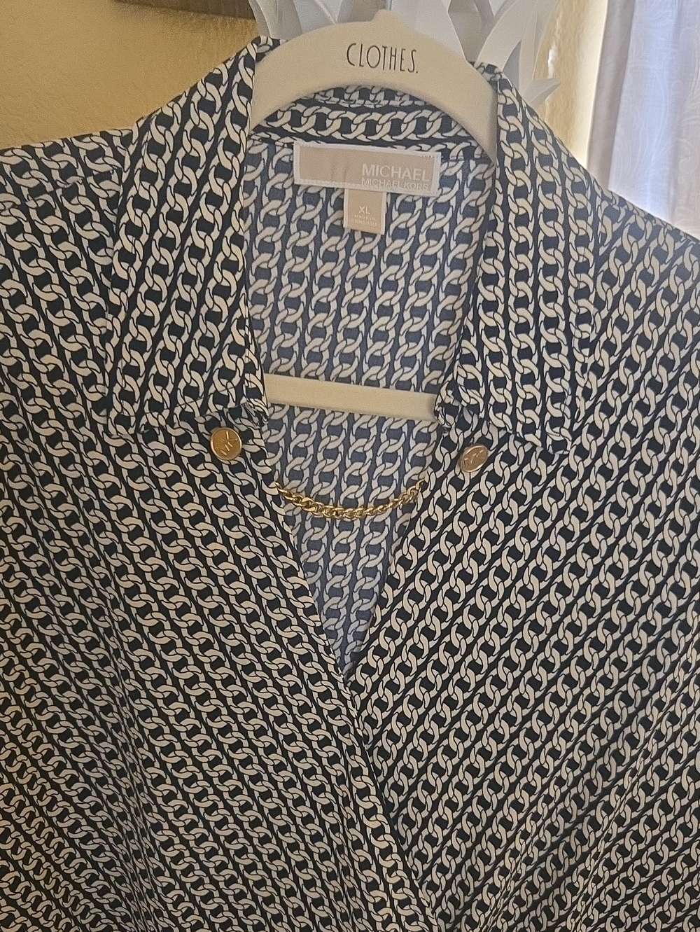 Michael Kors Navy and White Chain-Print Blouse with Gold Chain Detail
